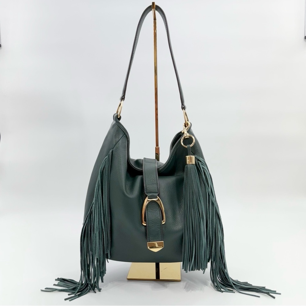 Gilli Genuine Leather Fringe Shoulder Bag – Green Hobo Tote with Tassel Detail - Picture 14 of 16